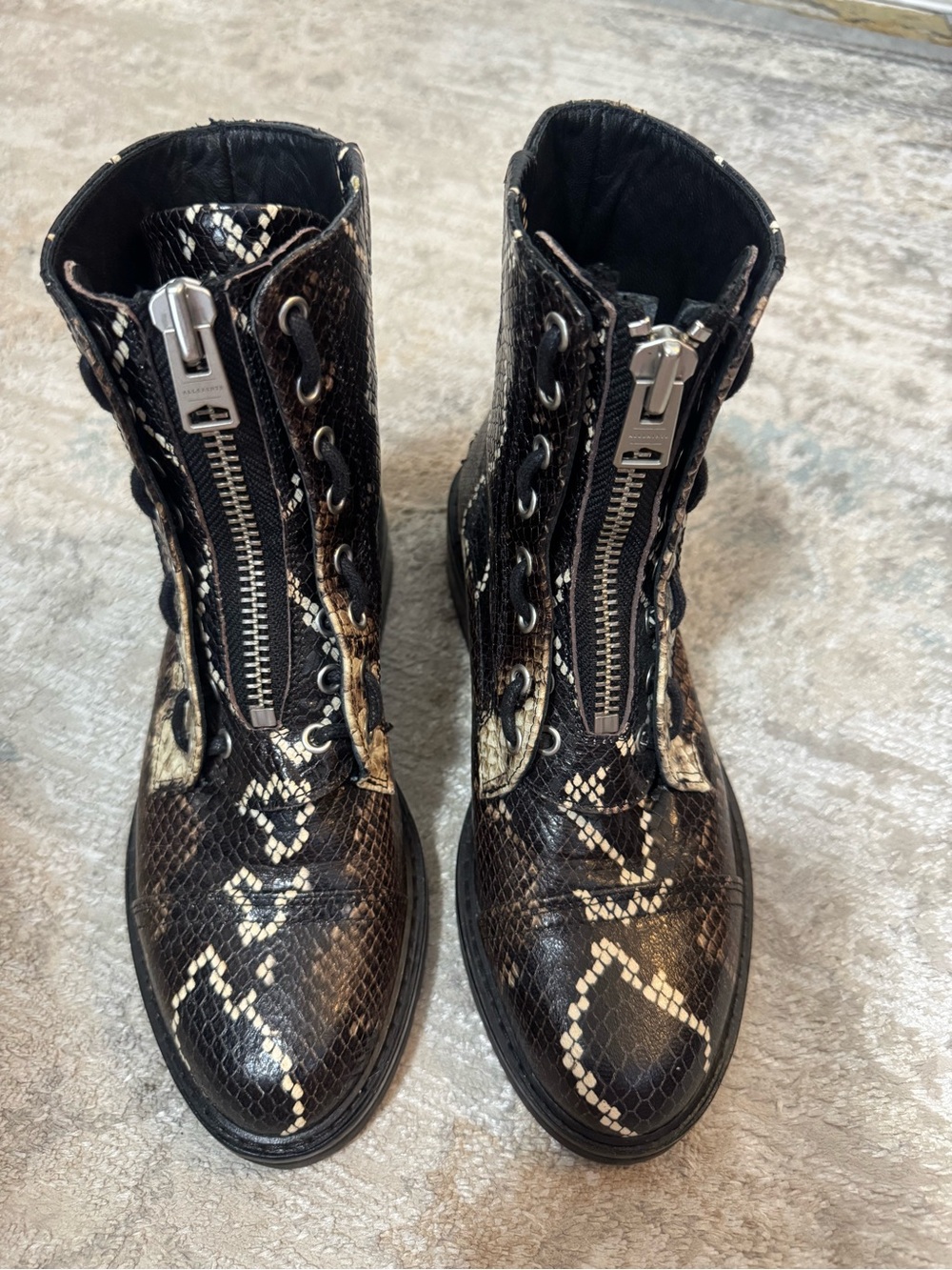 AllSaints Donita Women’s Snake Print Leather Cap Toe Combat Boots Size US 7